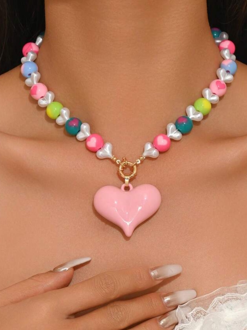 Pink Heart Pendant Beaded Necklace‎ - Women Jewelry